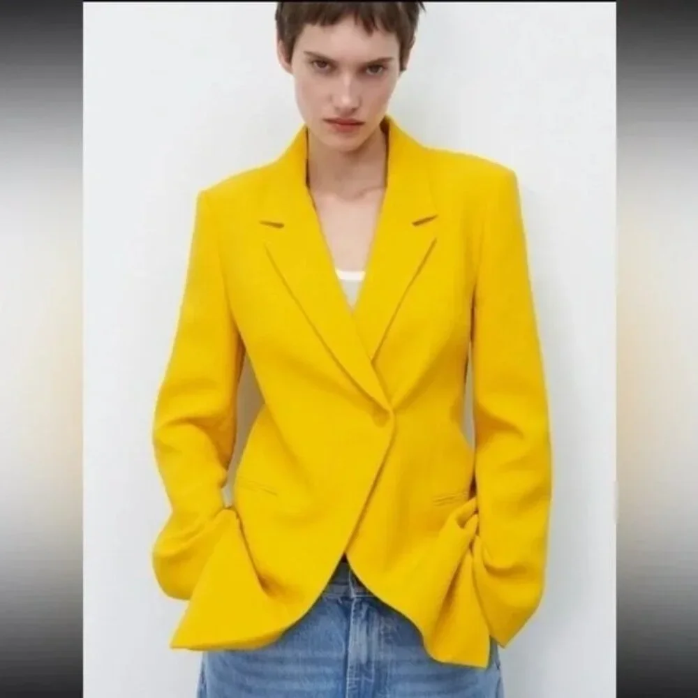 Zara Blazer  XS Yellow Double Breasted Asymmetric Blogger Fave - Picture 2 of 16